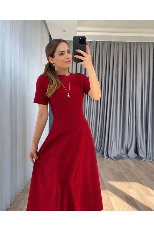 Kadın Kısa Kollu Bisiklet Yaka Maksi Boy Ithal Krep Elbise