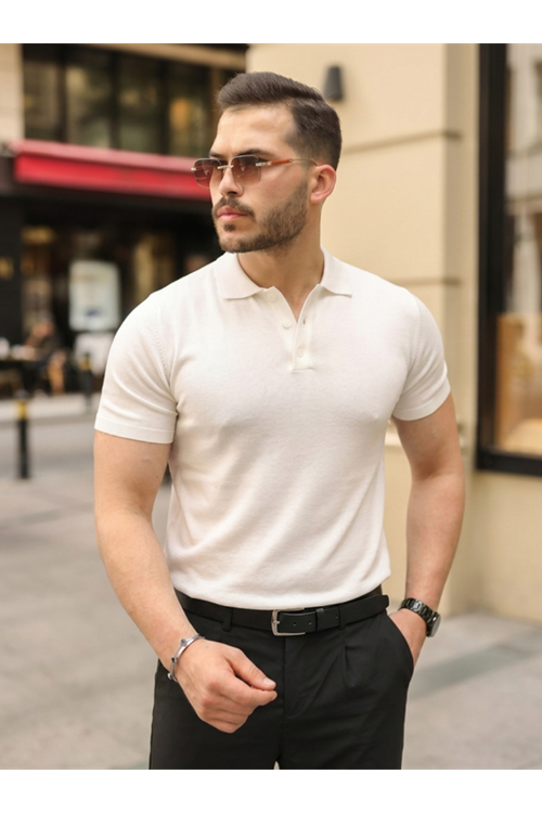 Erkek Düğmeli Yaka Pamuk Triko Tişört