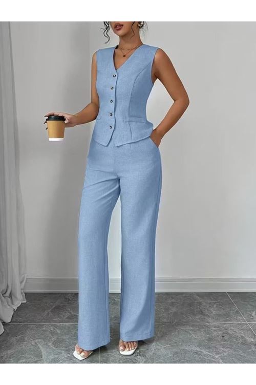 Kadın Askılı önden Düğmeli Bluz Ve Pantolon Keten Ikili Takım