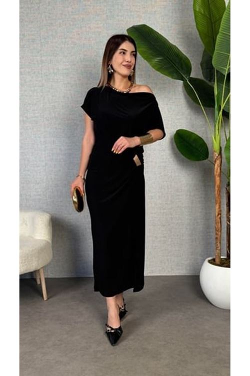 Kadın Kısa Kollu Tek Omuzdan Açık Beli Lastikli Sandy Maxi Elbise