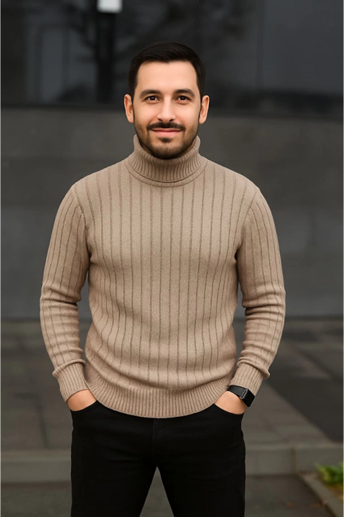 Erkek Balıkcı Yaka Bağazlı Triko Kazak Pamuklu Kalın Fitilli Dokuma, Regular Fit Uzun Kollu Kışlık Model - Bej