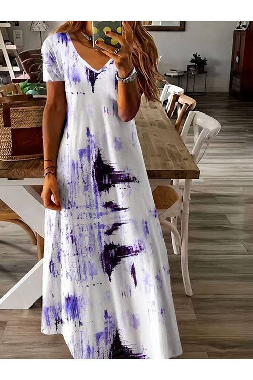 Kadın Kısa Kollu V Yakalı Desenli Uzun Süprem Elbise