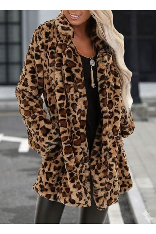 Kadın Uzun Kollu Yakalı Cepli Kısa Peluş Leopar Kaban