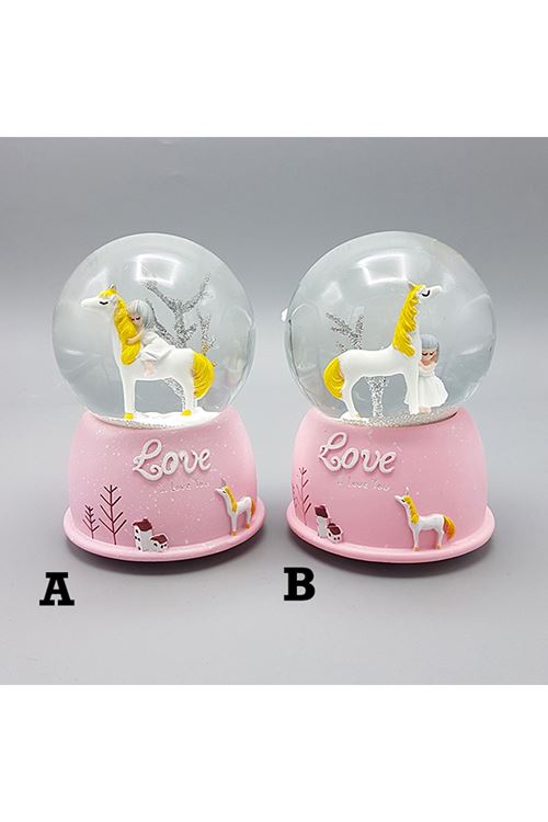 Mini Pembe Kar Küresi - Sevimli Unicorn ve Kız Tasarımlı - Işıklı