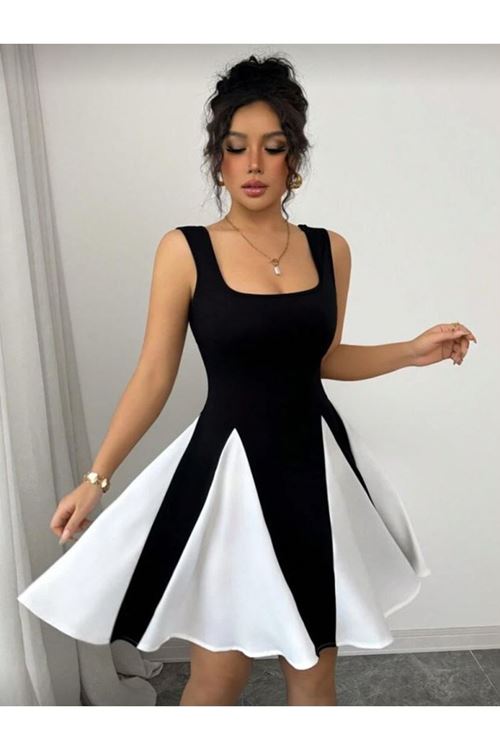 Kadın Kare Yaka çift Renk çan Etek Detay Mini Elbise