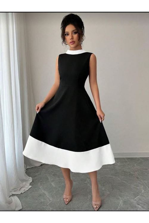 Kadın Bisiklet Yaka çift Renk çan Etek Detay Krep Kumaş Maxi Boy Elbise