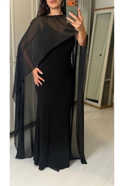 Kadın Transparan Pelerin Detay Askılı Maxi Boy Elbise