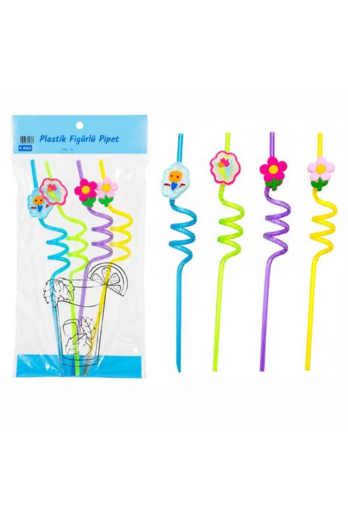 Kıvrımlı Renkli Plastik Pipet - Figürlü Tasarım - 4'lü Paket