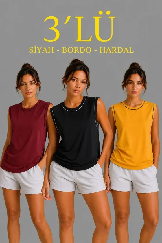 3’lü Kolsuz Sporcu Atlet Seti Yazlık Bisiklet Yaka - Siyah, Bordo, Hardal