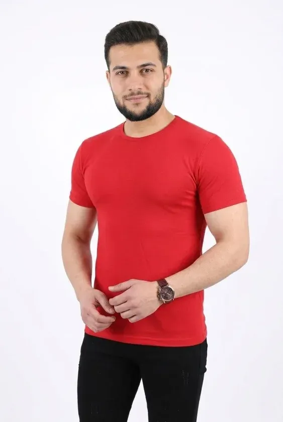 Erkek Basic Tişört Bisiklet Yaka Kısa Kol Günlük Yazlık Slim Fit T-Shirt - Kırmızı