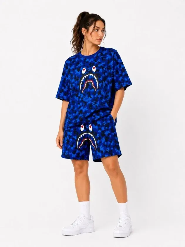 Oversize Kalıp Pubg Bape X Shark Nakışlı Cepli Şort Takım - Mavi