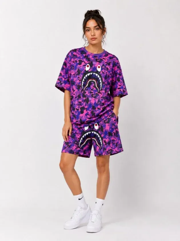 Oversize Kalıp Pubg Bape X Shark Nakışlı Cepli Şort Takım - Mor