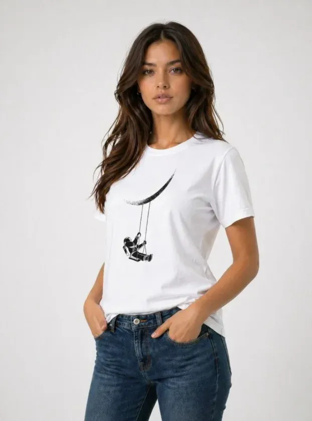 Astronot Ay Temalı Tişört Kısa Kol Yazlık Bisiklet Yaka T-Shirt - Beyaz