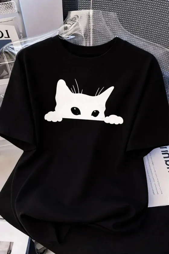 Kadınlar Için Siyah Kedi Grafik Tişört - Oversize Kısa Kollu Üst Nefes Alabilir - Siyah