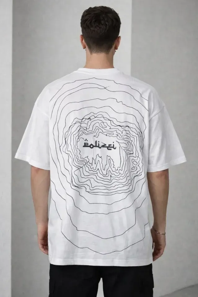 Erkek Bisiklet Yaka Baskılı Kısa Kollu Tişört Streetwear Günlük Basic Pamuklu T-shirt - Beyaz