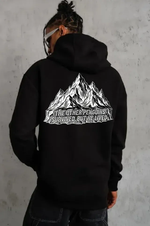 Erkek Nihilist Penguen Temalı Oversize Kapüşonlu Sweatshirt - Siyah