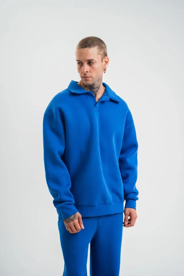 Erkek Patlı Yaka Üç İplik Pamuklu Sweatshirt Double Oversize Rahat Kalıp Günlük Kullanım - Mavi