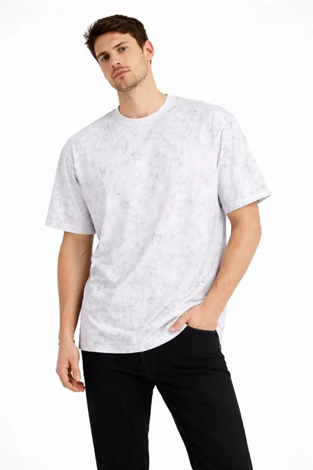 Erkek Asit Yıkama Bisiklet Yaka Kısa Kollu Oversize T-Shirt Tişört - Beyaz