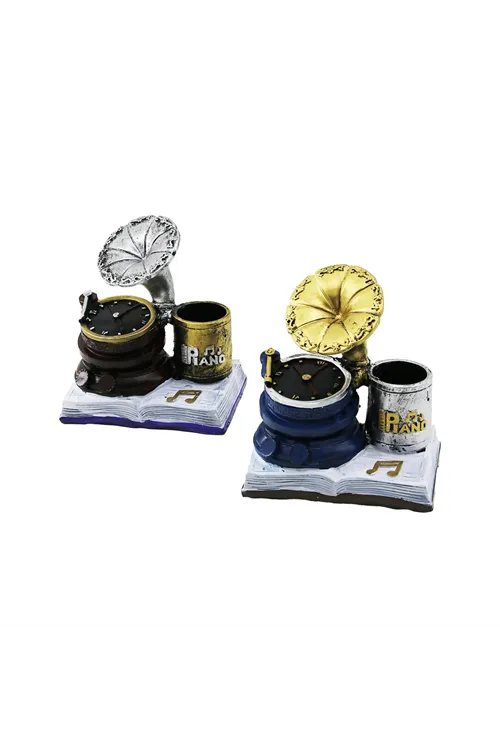 Saatli Gramofon Tasarımlı Biblo Kalemlik - Dekoratif Model - Nostaljik Tasarım