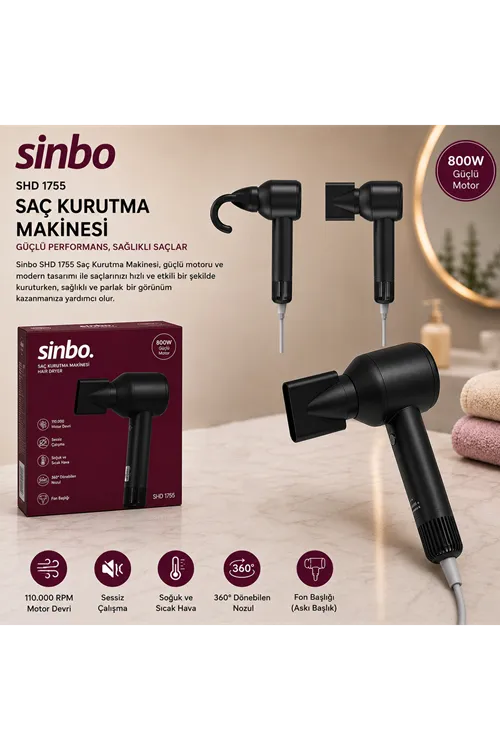 Sinbo Saç Kurutma Makinesi - Siyah Renk - Sessiz Çalışma Özelliği