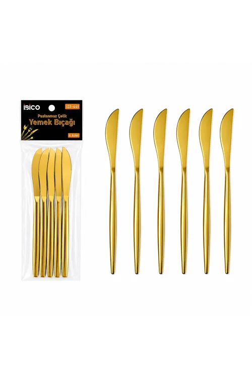 6 Parça Yemek Bıçağı Seti - Parlak Altın Renk - 21 cm