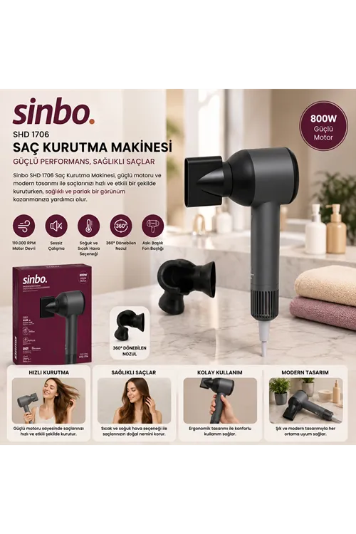 Sinbo Saç Kurutma Makinesi - Gri Renk - Sessiz Çalışma Özelliği