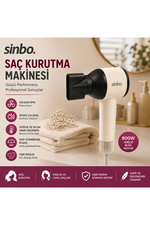 Sinbo Saç Kurutma Makinesi - Pembe Renk - 3 Kademeli Hız ve Sıcaklık