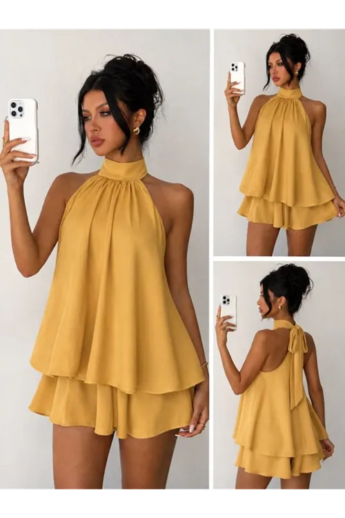 Kadın Halter Yaka Volan Detaylı Mini Elbise