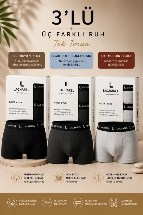 Erkek Likralı Pamuklu Nefes Alan Penye Boxer3Lü Paket - Siyah - Füme - Gri
