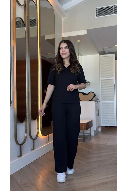 Kadın Kısa Kollu Yakalı Viskon Iki Iplik Bluz Ve Pantolon Ikili Takım