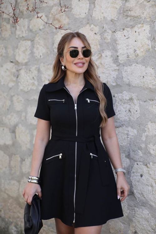 Kadın Kısa Kollı Yakalı önden Fermuarlı Ve Cepli Kısa Modal Elbise