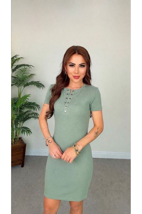 Kadın Kısa Kollu Yuvarlak Yakalı Düğmeli Kısa Kaşkorse Elbise