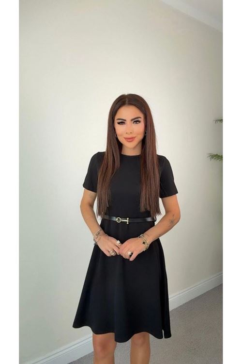 Kadın Kısa Kollu Belden Kemerli Modal Elbise