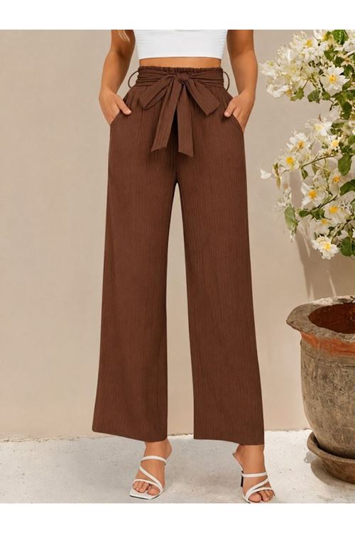 Kadın Yüksek Bel Lastikli Bağcıklı Uzun Geniş Kesim Detaylı Krinkıl Pantolon