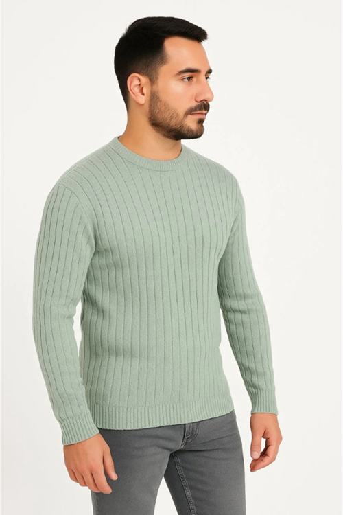 Erkek Bisiklet Yuvarlak Yaka Triko Kazak Pamuklu Kalın Fitilli Dokuma, Regular Fit Uzun Kollu Kışlık Model - Mint Yeşili