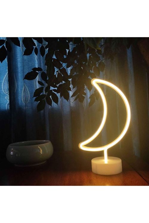 TBL Dekor® Dekoratif Pilli Ay Tasarımlı 3D Neon Led Masa Ve Gece Lambası