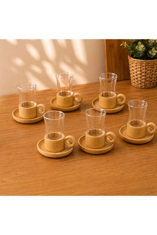 12 Parça Çay Seti - Bambu Bardak Altığı - Çift Cidarlı Cam - 150 ml