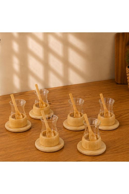 18 Parça Bambu Çay Seti - 6 Çay Bardağı - Borosilikat Cam