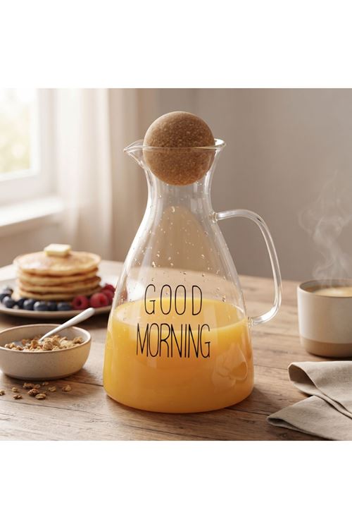Yuvarlak Mantar Kapaklı Sürahi - 1500 ml - Yüksek Kaliteli Cam