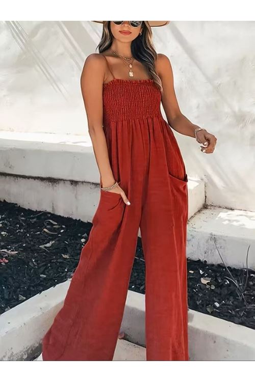 Kadın Ip Askılı Göğsü Lastik Detaylı Cepli Uzun Sofya Tulum