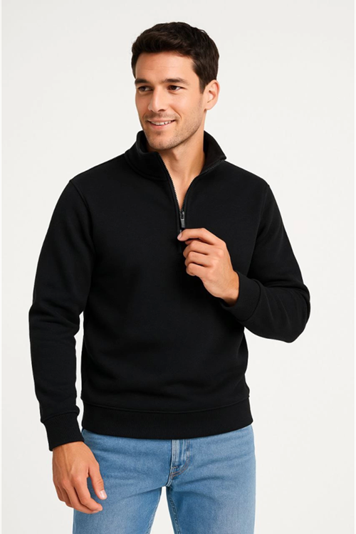 Erkek Dik Yaka Sweatshirt Dik Yaka Yarım Fermuarlı 3 İplik Şardonlu Pamuk Kumaş - Siyah