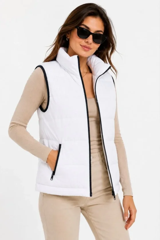 Şişme Yelek Fermuarlı Dış Cep İç Cepli Elyaf Dolgulu Astarlı Yelek - Beyaz