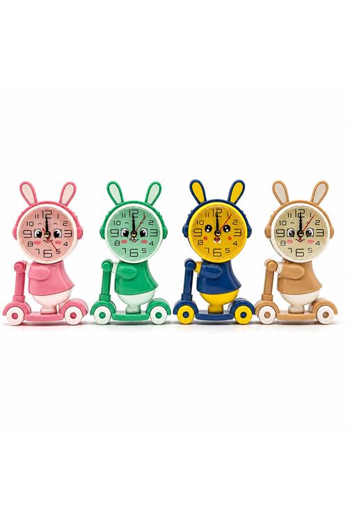 Çocuk Masa Saati - Scooter Süren Sevimli Tavşan Tasarımlı - Kalemtıraş Özellikli - Plastik Kasa