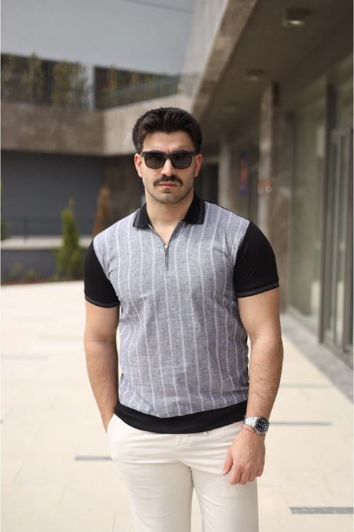 Erkek Polo Yaka Fermuar Detaylı Çizgili Tişört