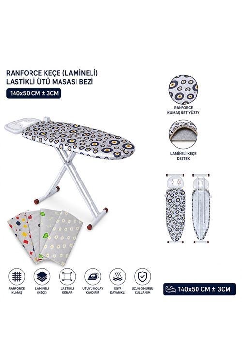 Ranforce Keçe Ütü Masası Bezi - Lastikli - Lamineli - 140x50 cm