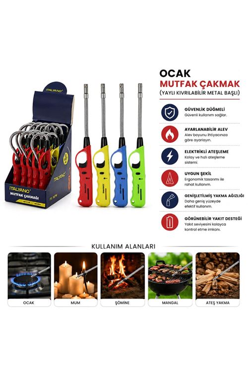 Yaylı Ocak Mutfak Çakmağı - Kıvrılabilir Metal Başlı - Karışık Renkler - 1 Adet