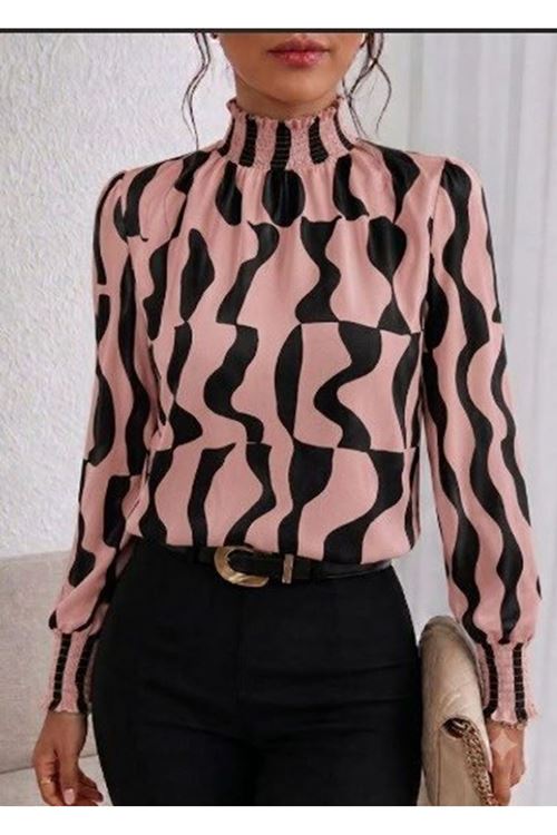 Kadın Uzun Kollu Balıkçı Yakalı Desenli Süprem Bluz