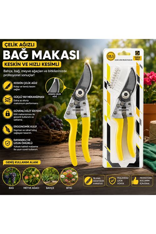 Çelik Ağızlı Bağ Makası - Güvenli Kilit Sistemi - Ergonomik Kulp