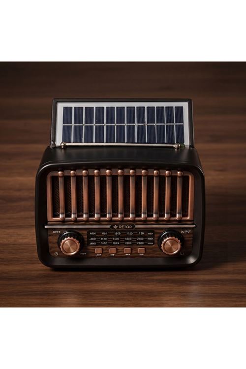 Solar Panelli FM Radyo - Şarjlı - Bluetooth Özellikli - AUX Girişli - Nostaljik Tasarım