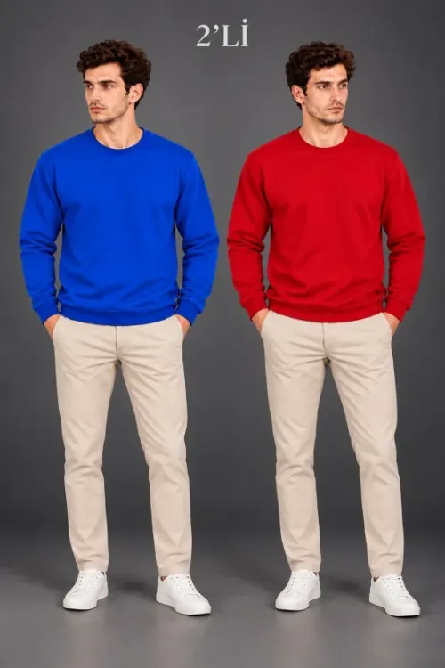 Erkek 2Li Bisiklet Yaka İçi Şardonlu 2 İplik Düz Uzun Kollu Regular Fit Sweatshirt - Mavi - Kırmızı